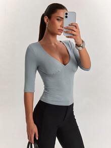 SHEIN BAE 女款柔軟舒適羊絨長袖上衣，適合日常外出、返校、通勤與辦公穿著 - 薄荷綠 - 查看 5
