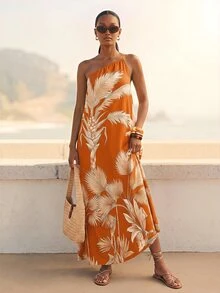 CAJUNI Chic Vacation Golden Tropical Illustration One Shoulder Maxi Dress - Rust Brown - View 4
