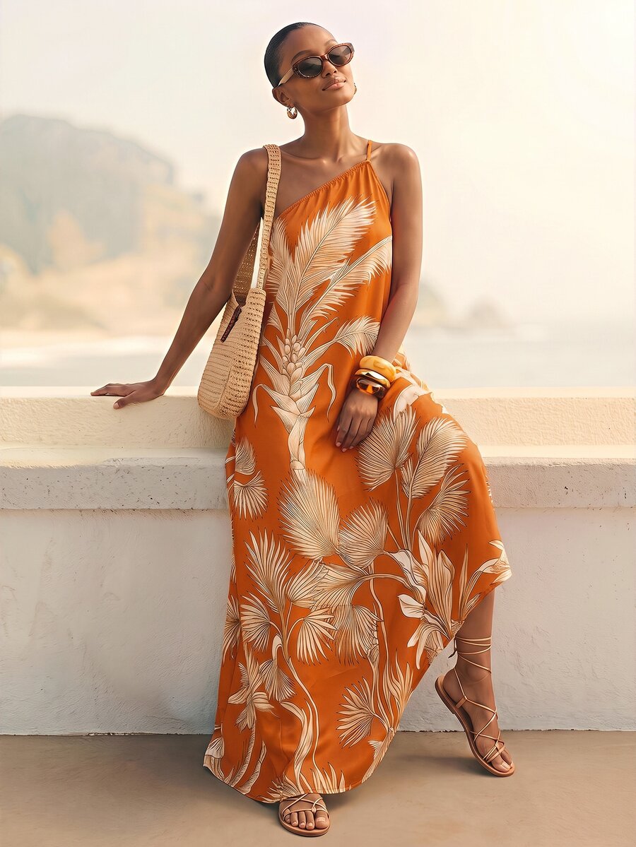 CAJUNI Chic Vacation Golden Tropical Illustration One Shoulder Maxi Dress - Rust Brown - View 1