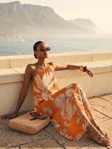CAJUNI Chic Vacation Golden Tropical Illustration One Shoulder Maxi Dress - Rust Brown - View 3