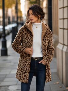 SHEIN Clasi Áo khoác nữ họa tiết da báo tay dài có mũ kéo khóa dáng vừa vặn - Nhiều màu - Xem 7