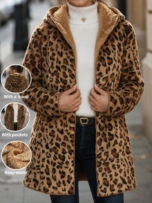 SHEIN Clasi Áo khoác nữ họa tiết da báo tay dài có mũ kéo khóa dáng vừa vặn - Nhiều màu - Xem 4