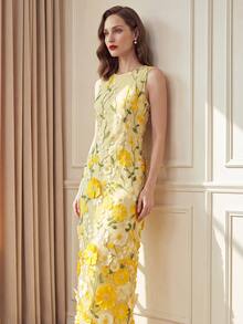Suri Mira Round Neck Sleeveless 3D Floral Mesh Embroidered Pale Yellow Sweet Palace Style Outdoor Date Party Mid-Length Women's Dress - Yellow - View 4
