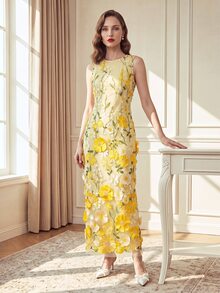 Suri Mira Round Neck Sleeveless 3D Floral Mesh Embroidered Pale Yellow Sweet Palace Style Outdoor Date Party Mid-Length Women's Dress - Yellow - View 6