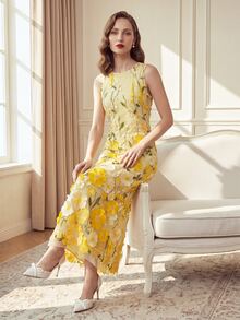 Suri Mira Round Neck Sleeveless 3D Floral Mesh Embroidered Pale Yellow Sweet Palace Style Outdoor Date Party Mid-Length Women's Dress - Yellow - View 7