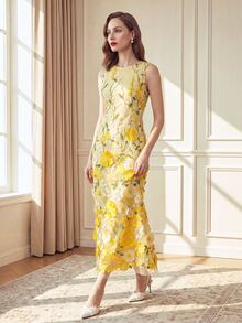 Suri Mira Round Neck Sleeveless 3D Floral Mesh Embroidered Pale Yellow Sweet Palace Style Outdoor Date Party Mid-Length Women's Dress - Yellow - View 1