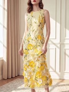 Suri Mira Round Neck Sleeveless 3D Floral Mesh Embroidered Pale Yellow Sweet Palace Style Outdoor Date Party Mid-Length Women's Dress - Yellow - View 5