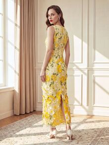Suri Mira Round Neck Sleeveless 3D Floral Mesh Embroidered Pale Yellow Sweet Palace Style Outdoor Date Party Mid-Length Women's Dress - Yellow - View 2