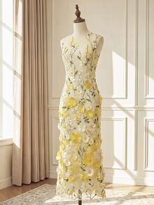 Suri Mira Round Neck Sleeveless 3D Floral Mesh Embroidered Pale Yellow Sweet Palace Style Outdoor Date Party Mid-Length Women's Dress - Yellow - View 3
