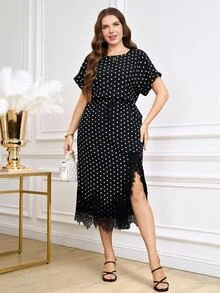 SHEIN Clasi 大尺碼夏季優雅波點印花蕾絲拼接開衩洋裝 - 黑色 - 查看 1