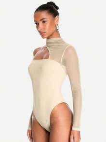 SHEIN BAE Black Mesh Patchwork Asymmetric Bandeau Bodysuits Women Jumpsuits & Concert Women Outfit & Outfit Sets Festival Tops - Apricot - View 4