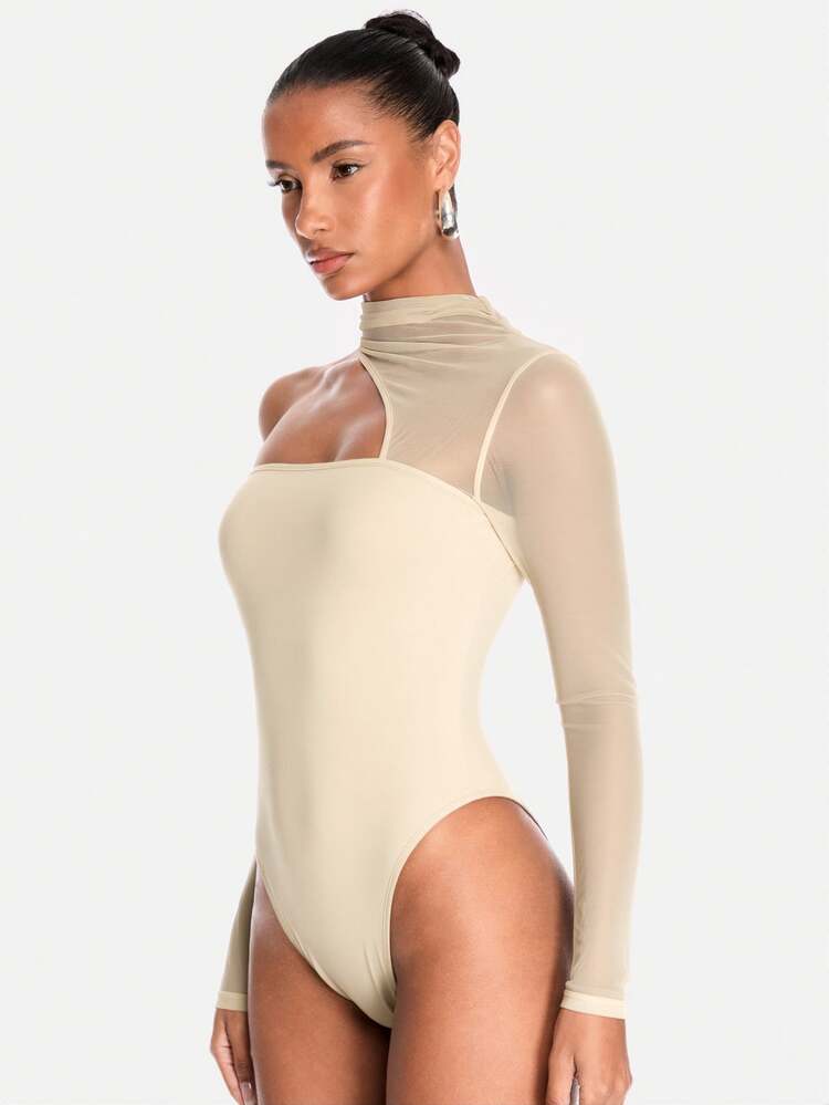SHEIN BAE Black Mesh Patchwork Asymmetric Bandeau Bodysuits Women Jumpsuits & Concert Women Outfit & Outfit Sets Festival Tops - Apricot - View 4