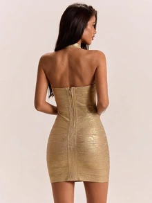 SHEIN BAE Autumn/Winter Solid Gold Halter Bandage Sexy Mini Dress For Women - Gold - View 2