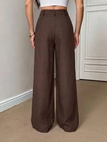 SHEIN Tall 女款白色竹纖維面料前扣設計優雅教師制服休閒上班商務女教師教師節秋季 - 咖啡棕 - 查看 2