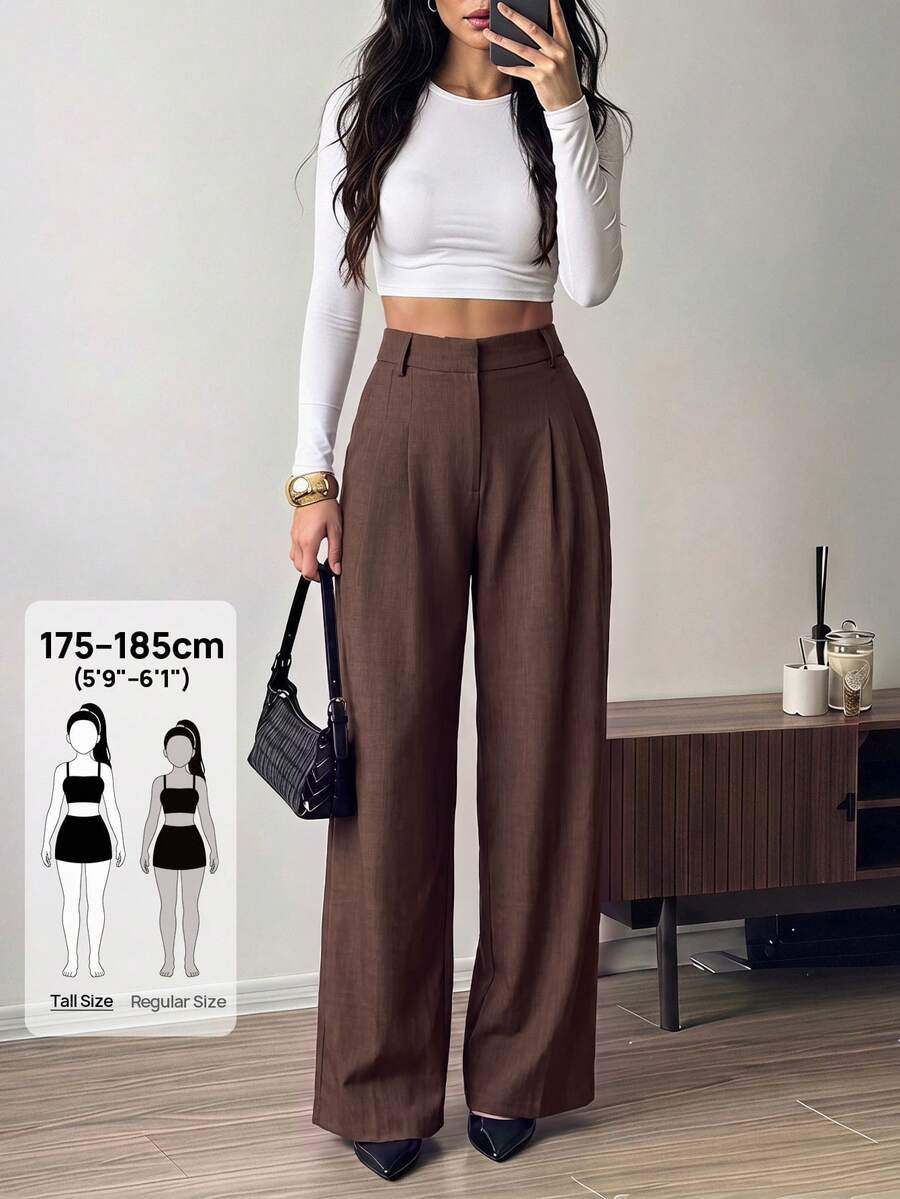 SHEIN Tall 女款白色竹纖維面料前扣設計優雅教師制服休閒上班商務女教師教師節秋季 - 咖啡棕 - 查看 1