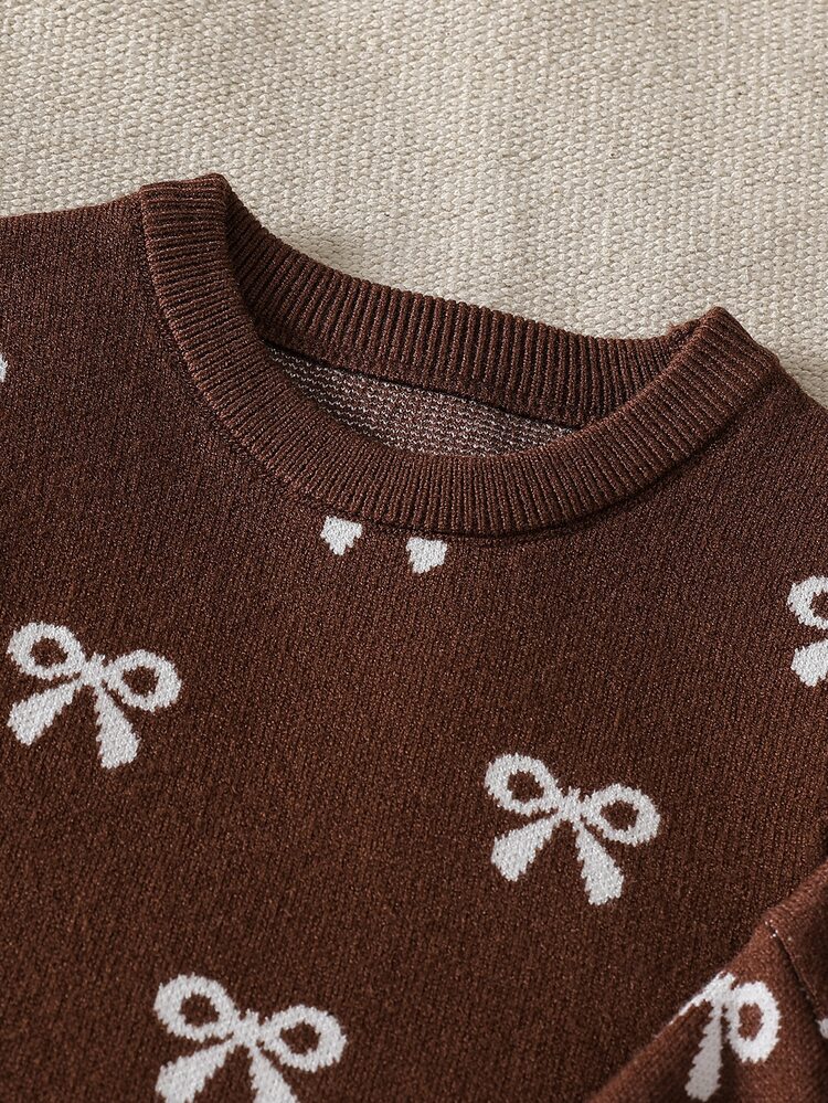 Young Girls Sweater Co-Ords Sweet Cute Autumn/Winter New Style Little Girl Elegant Heavy-Duty Bow Jacquard Craft Decorated Pattern Brown Set Soft Versatile V-Neck Drop Shoulder Long Sleeve Cardigan Jacket + Round Neck Sweater Dress 2 Pieces Set Girls Elegant Slouchy Suitable For Daily Wear Autumn/Winter Sweater - Brown - View 6