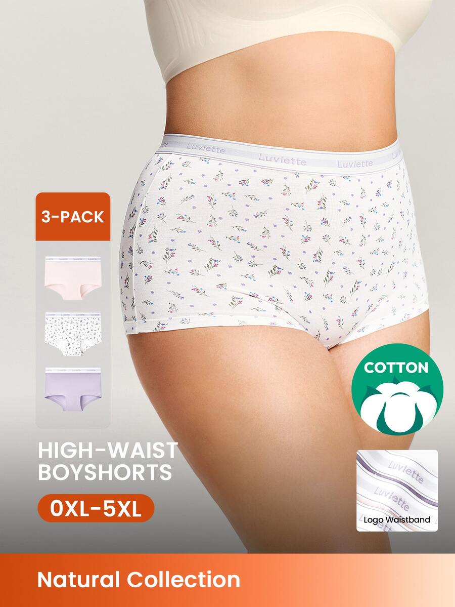 LUVLETTE Plus 3-Pack Cotton Logo High-Waist Boyshorts Women Underwear Panties Set-Pink - Multicolor - View 1