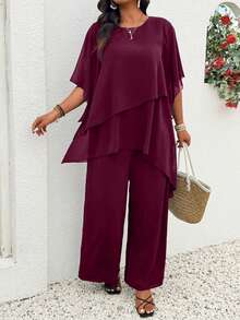 Rometta Plus Size Burgundy Summer Elegant Wedding Chiffon 2 Pieces Set,Asymmetrical Cross Layer Ruffle Flared Sleeve Top And Wide Leg Pants,Business Casual - Burgundy - View 6