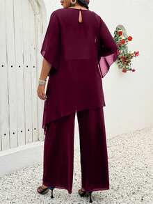 Rometta Plus Size Burgundy Summer Elegant Wedding Chiffon 2 Pieces Set,Asymmetrical Cross Layer Ruffle Flared Sleeve Top And Wide Leg Pants,Business Casual - Burgundy - View 2