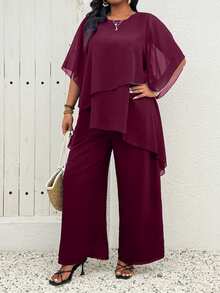 Rometta Plus Size Burgundy Summer Elegant Wedding Chiffon 2 Pieces Set,Asymmetrical Cross Layer Ruffle Flared Sleeve Top And Wide Leg Pants,Business Casual - Burgundy - View 3