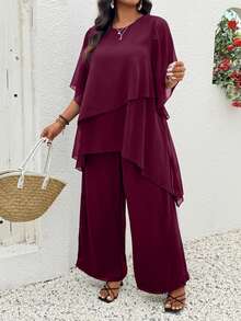 Rometta Plus Size Burgundy Summer Elegant Wedding Chiffon 2 Pieces Set,Asymmetrical Cross Layer Ruffle Flared Sleeve Top And Wide Leg Pants,Business Casual - Burgundy - View 10