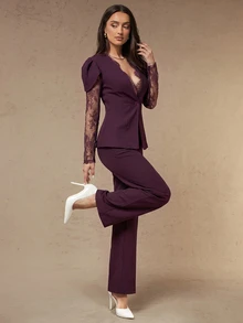 Silquee Elegant festset med spetspatchwork-topp och byxor - Bourgogne - Visa 5