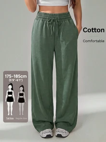 SHEIN Tall 女款寬鬆灰色素色長褲，彈性針織面料，口袋設計，抽繩腰，適合日常穿著，夏季健身休閒高個款 - 軍綠色 - 查看 1
