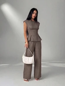 SHEIN PETITE Women's Solid Color Pleated Top And Pants Casual Daily 2 Pieces Set - Coffee Brown - View 6