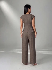 SHEIN PETITE Women's Solid Color Pleated Top And Pants Casual Daily 2 Pieces Set - Coffee Brown - View 5
