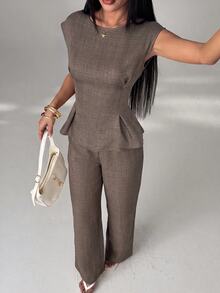 SHEIN PETITE Women's Solid Color Pleated Top And Pants Casual Daily 2 Pieces Set - Coffee Brown - View 3