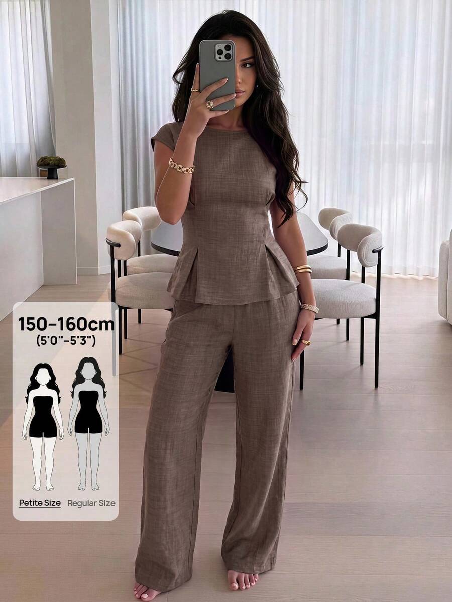 SHEIN PETITE Women's Solid Color Pleated Top And Pants Casual Daily 2 Pieces Set - Coffee Brown - View 1