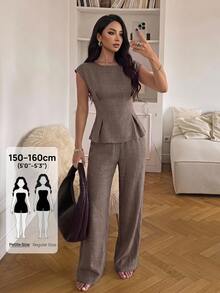 SHEIN PETITE Women's Solid Color Pleated Top And Pants Casual Daily 2 Pieces Set - Coffee Brown - View 9