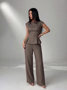 SHEIN PETITE Women's Solid Color Pleated Top And Pants Casual Daily 2 Pieces Set - Coffee Brown - View 4
