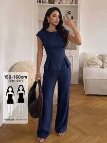 SHEIN PETITE Women's Solid Color Top And Long Pants Casual Daily 2 Pieces Set - Blue - View 9