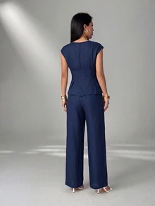 SHEIN PETITE Women's Solid Color Top And Long Pants Casual Daily 2 Pieces Set - Blue - View 5