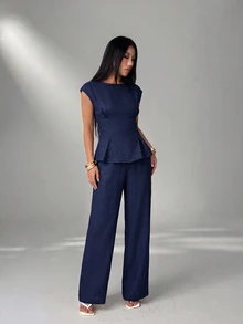 SHEIN PETITE Women's Solid Color Top And Long Pants Casual Daily 2 Pieces Set - Blue - View 8