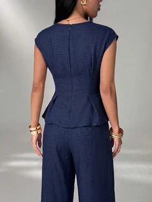 SHEIN PETITE Women's Solid Color Top And Long Pants Casual Daily 2 Pieces Set - Blue - View 2