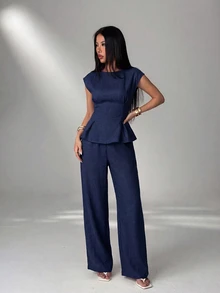 SHEIN PETITE Women's Solid Color Top And Long Pants Casual Daily 2 Pieces Set - Blue - View 4