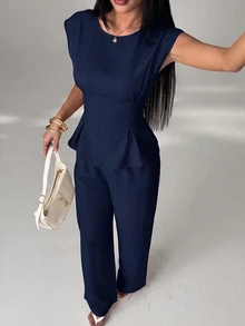 SHEIN PETITE Women's Solid Color Top And Long Pants Casual Daily 2 Pieces Set - Blue - View 3