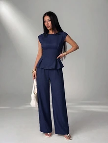 SHEIN PETITE Women's Solid Color Top And Long Pants Casual Daily 2 Pieces Set - Blue - View 7