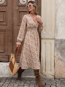 Brillora Floral Print V-Neck Midi Dress, Long Sleeve Flared Hem For Dinner Date, Fall Clothes, Elegant Cottagecore Boho, Vacation Outfits, Vintage, Halloween - Multicolor - View 5