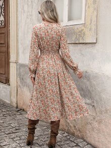 Brillora Floral Print V-Neck Midi Dress, Long Sleeve Flared Hem For Dinner Date, Fall Clothes, Elegant Cottagecore Boho, Vacation Outfits, Vintage, Halloween - Multicolor - View 2