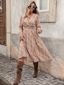 Brillora Floral Print V-Neck Midi Dress, Long Sleeve Flared Hem For Dinner Date, Fall Clothes, Elegant Cottagecore Boho, Vacation Outfits, Vintage, Halloween - Multicolor - View 7