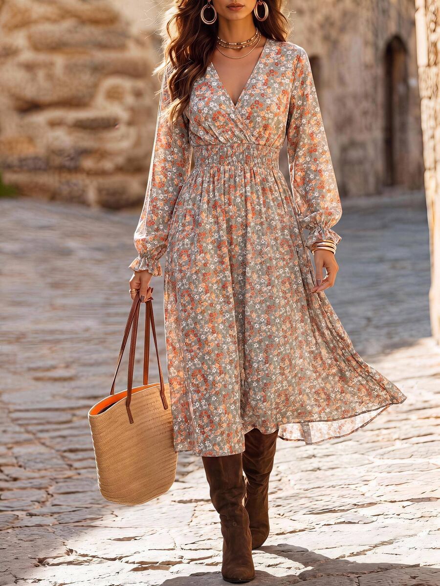 Brillora Floral Print V-Neck Midi Dress, Long Sleeve Flared Hem For Dinner Date, Fall Clothes, Elegant Cottagecore Boho, Vacation Outfits, Vintage, Halloween - Multicolor - View 1