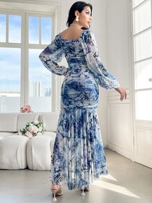 Modelyn 女士花卉印花方领荷叶边长袖连衣裙长款晚礼服 - 藍色 - 查看 11