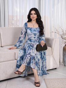Modelyn 女士花卉印花方领荷叶边长袖连衣裙长款晚礼服 - 藍色 - 查看 6
