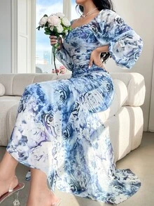 Modelyn 女士花卉印花方领荷叶边长袖连衣裙长款晚礼服 - 藍色 - 查看 12