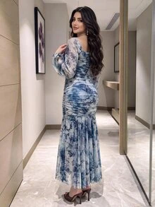 Modelyn 女士花卉印花方领荷叶边长袖连衣裙长款晚礼服 - 藍色 - 查看 3