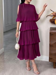 Modelyn Women Summer Solid Color Cape Sleeve Dress With Mushroom Collar, Multi-Layer Ruffled Hemline And Elegant Design Long Evening Dresses - Red Violet - View 7