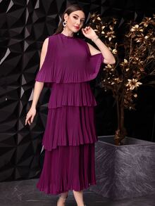 Modelyn Women Summer Solid Color Cape Sleeve Dress With Mushroom Collar, Multi-Layer Ruffled Hemline And Elegant Design Long Evening Dresses - Red Violet - View 8